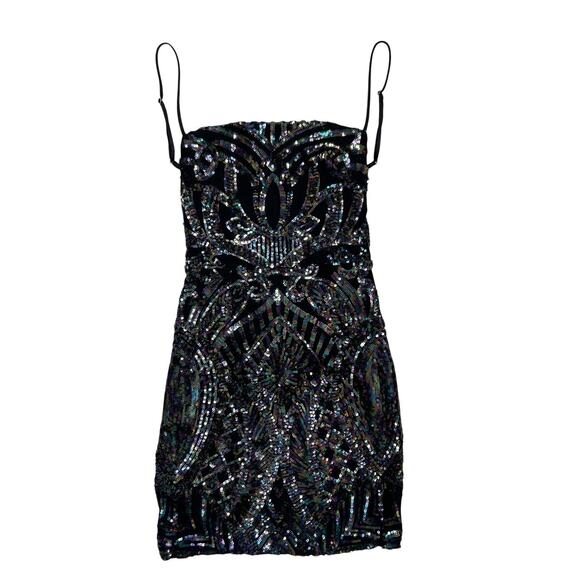 Lucy in the Sky Micro Mini Dress Black Multicolor Sequined Women's Small Party - Picture 1 of 5
